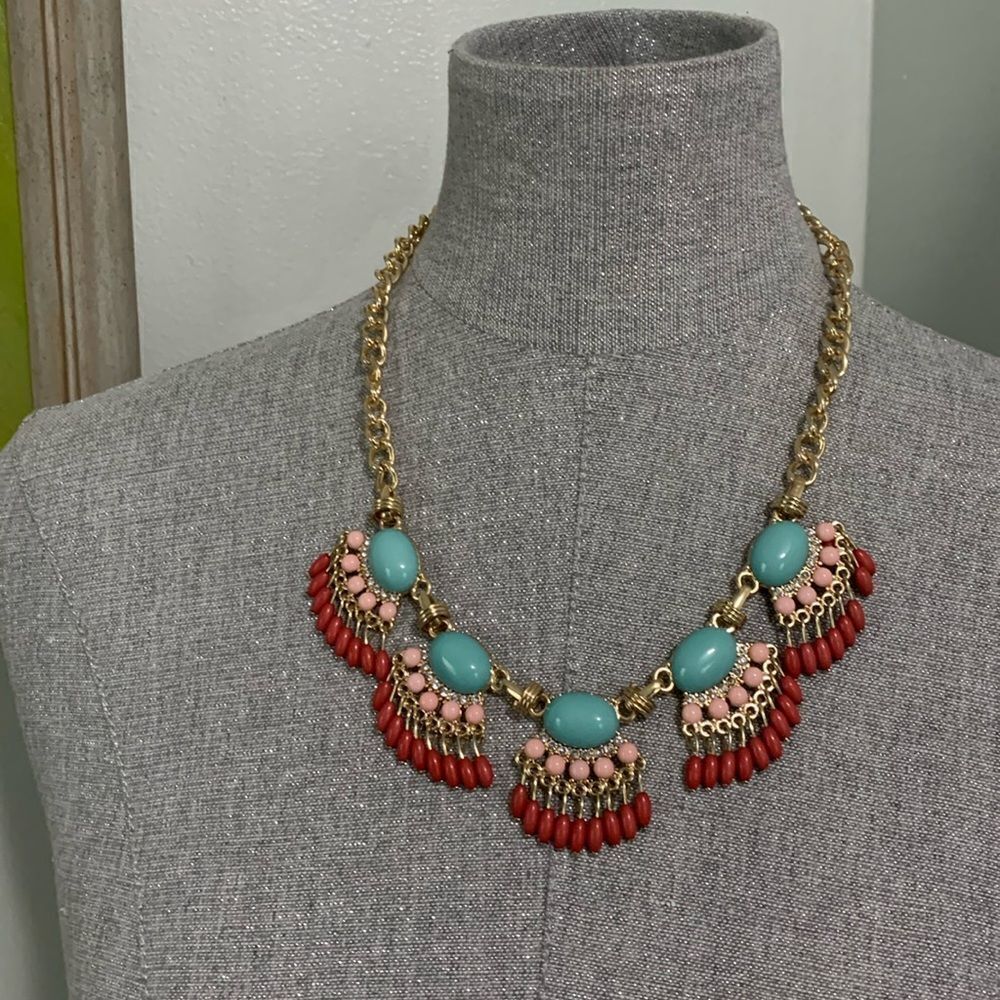 Costume Jewelry Statement Necklace Gold Tone With Turquoise, Pink & Coral Tones